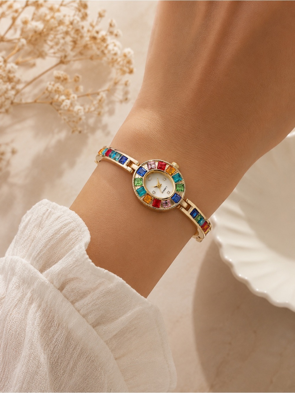 Vintage Inspired Rainbow Crystal Bangle Rhinestone Bracelet Y2K Glam Watch